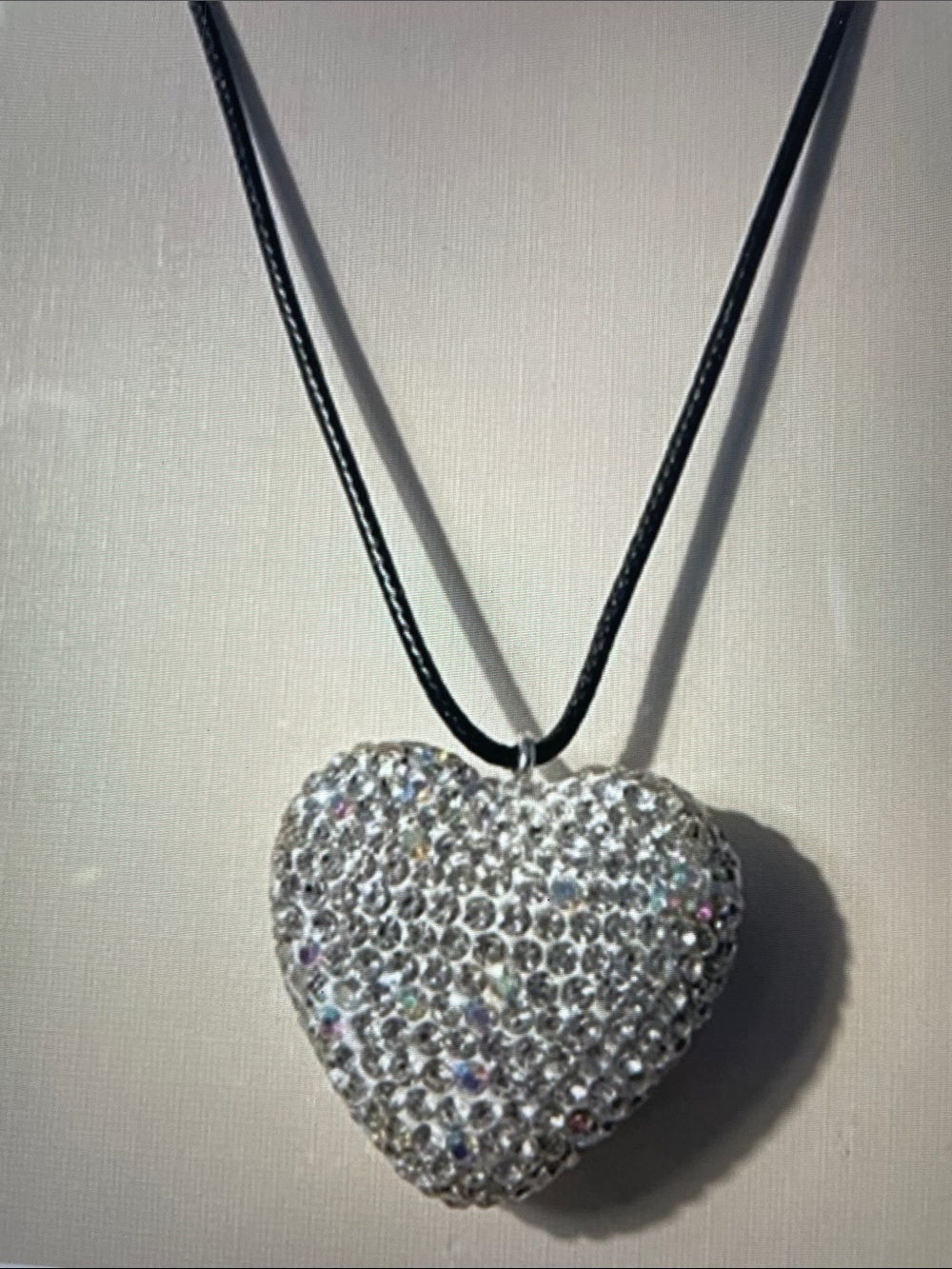 Large Crystal Puffed Heart Pendant Necklace  on black cord